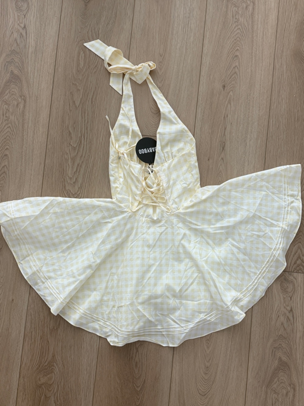 Halter Gingham Mini Dress in Pale Yellow - Picture 4 of 5
